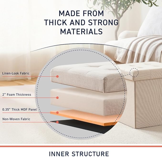 Ornavo Home 2 Pack 15 Inch Folding Storage Ottoman, Square Cube Linen Small