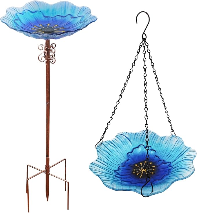 hogardeck 2 in 1 Floral Glass Bird Bath & Feeder - Hanging or Freestanding Outdoor Bird Bath with Sturdy 5-Pronged Base for Garden, Patio, Yard, Lawn Decor