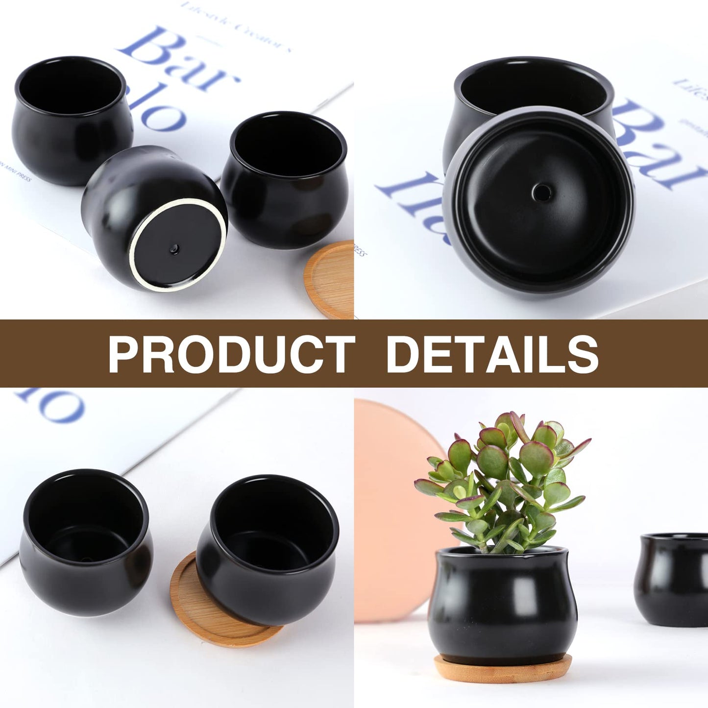 SHECIPIN 8 Pack Succulent Plant Pot, Matte Black Mini 2.6 inch Ceramic Flower Planter Pot with Bamboo Tray, Small Pots for Plants, Plants Not Included