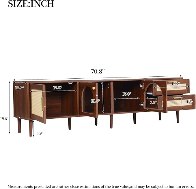 Merax Rattan TV Stand with LED Lights, Solid Wood Feet, Living Room, Bedroom