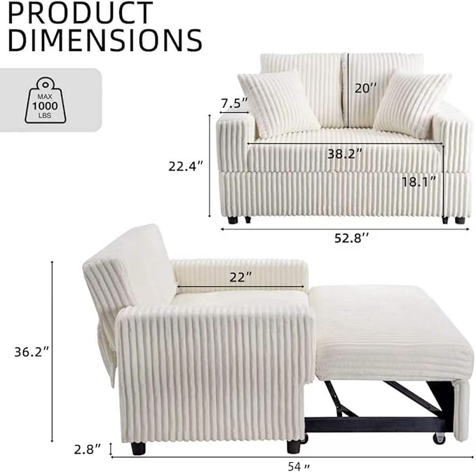 3 in 1 Convertible Sofa Bed，52.8" Pull Out Couch