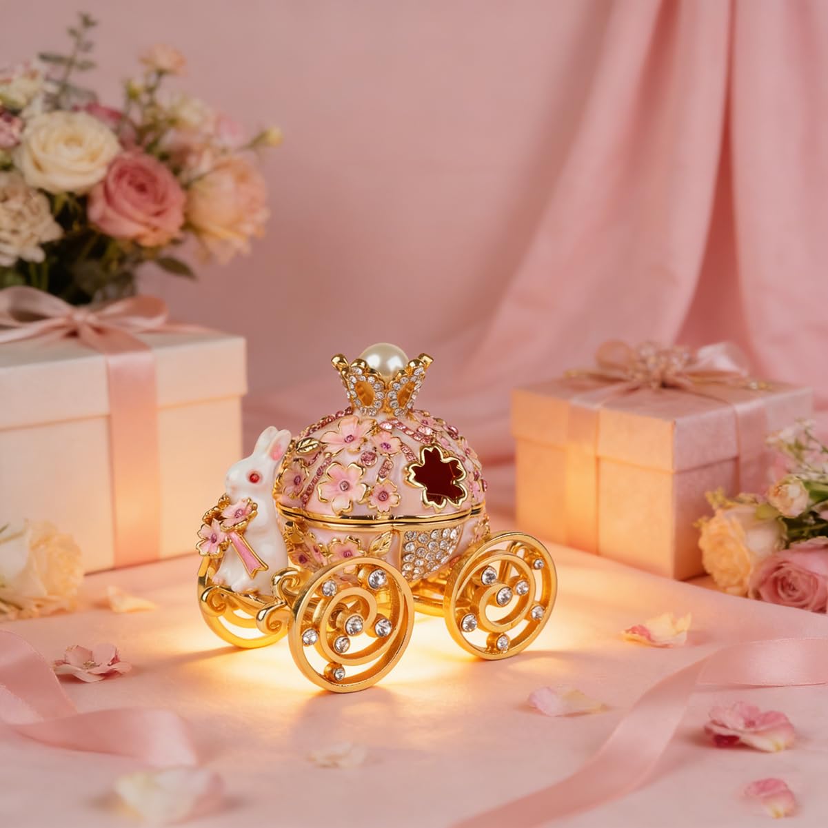 FASSLINO Bunny Pumpkin Carriage with Flowers Jewelry Trinket Box Hinged Hand-Painted Enamel Ornaments Gift for Home Decor (Pink)