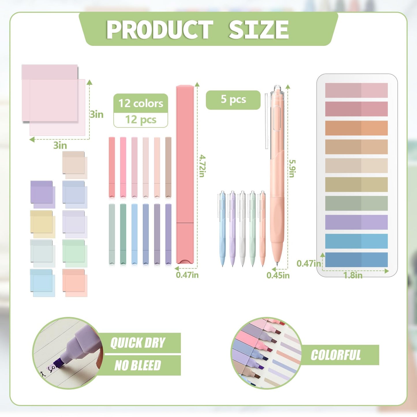Jutom 39 Pcs Aesthetic Book Annotation Kit Highlighter with Pencil Case Bag Gel Pen Transparent Sticky Note Taking Bible Study College School Supplies (Green,Minimalist Style)
