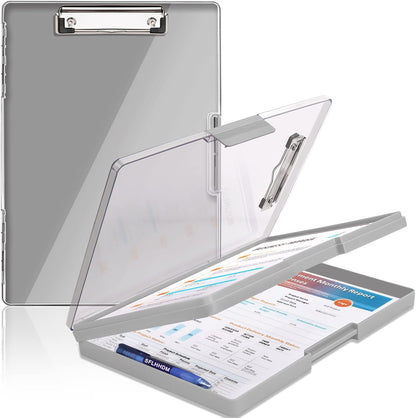 Clipboard with Storage,Heavy Duty Clip Boards 8.5x11 with 2 Storage Case,Clear Visible Top Panel Storage Clipboards,Side Opening Clip Boards,Nursing Clipboard Folder Case for Office Supplies-Gray