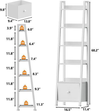 Furologee 6 Tier Ladder Shelf,Ladder Bookshelf with Drawer,Modern Tall Bookcase,Storage Rack Organizer,Wood Metal Freestanding Shelves for Living Room, Home Office, Bedroom, White
