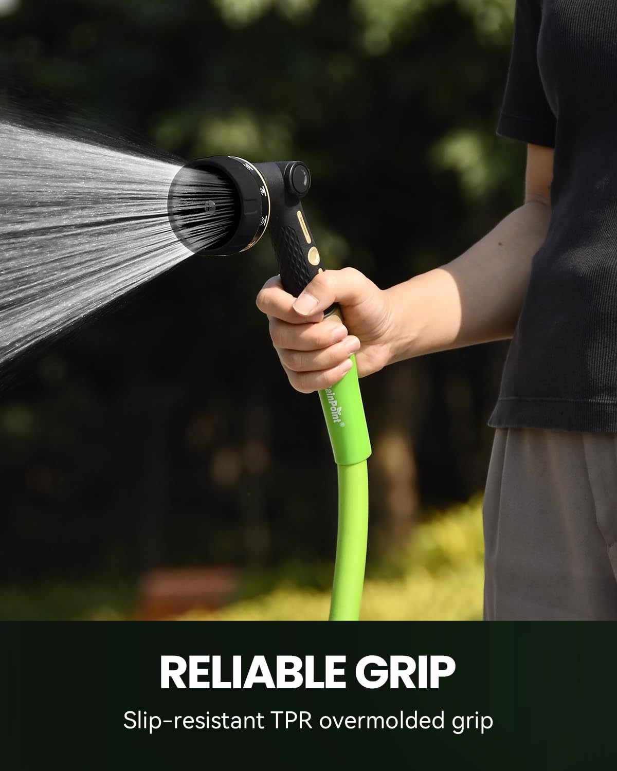 RAINPOINT Garden Hose Nozzle Heavy Duty - 100% Metal Thumb Control Spray Nozzles for Garden Hose High Pressure, 10 Patterns Water Hose Nozzle for Car Wash, Watering Lawn and Pets, Black