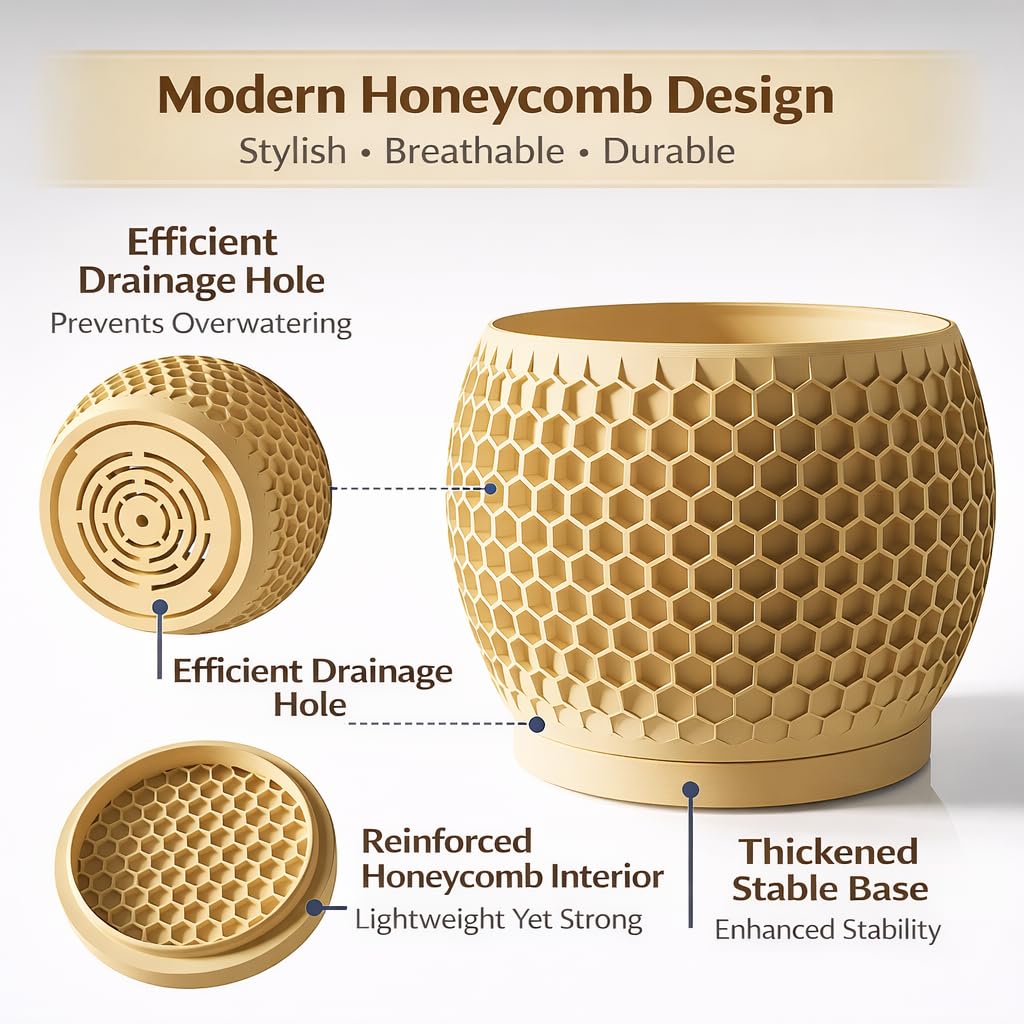 Fabix3D Plant Pots, Modern 3D Printed Honeycomb Planters for Indoor Plants, 4.7 Inch Wood Decorative Flower Pot for Office Desktop, Bookshelf & Home Decor, Lightweight & Durable.