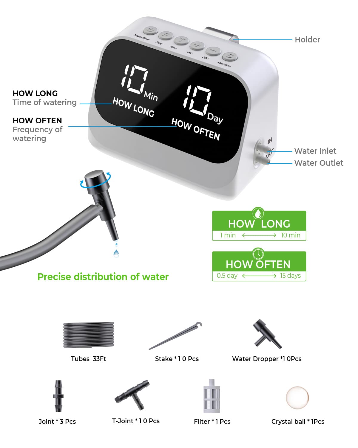 Automatic Watering System for Potted Plants, Plant Waterer, DIY Drip Irrigation Kit with Smart Timer, Waterproof LED Display & Large Capacity Battery, Precise Distribution of Water (White)