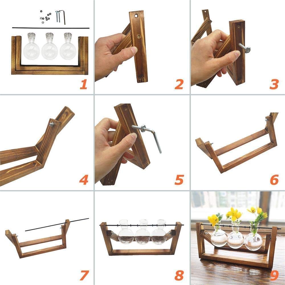 Water Planting Glass Vase Desktop Glass Planter Bulb Vase Hanging with Retro Solid Wooden Stand for Hydroponics Plants Home Office Decor (Three)