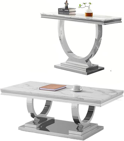 2 Piece Living Room Table Set Include 1 Faux Marble Coffee Table & 1 Console Table, Modern White Silver Coffee Table Set of 2 with Double O Shape Stainless Steel Pedestal Base