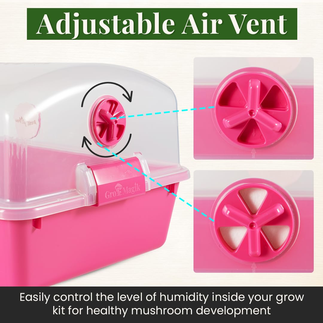 Gro Magik Premium Mushroom Monotub Grow Kit [XLarge, 68Q] Portable and Compact Fruiting Chamber with Plugs, Filters and Adjustable Air Vents, 22.8 x 15.7” x 12”, Pink