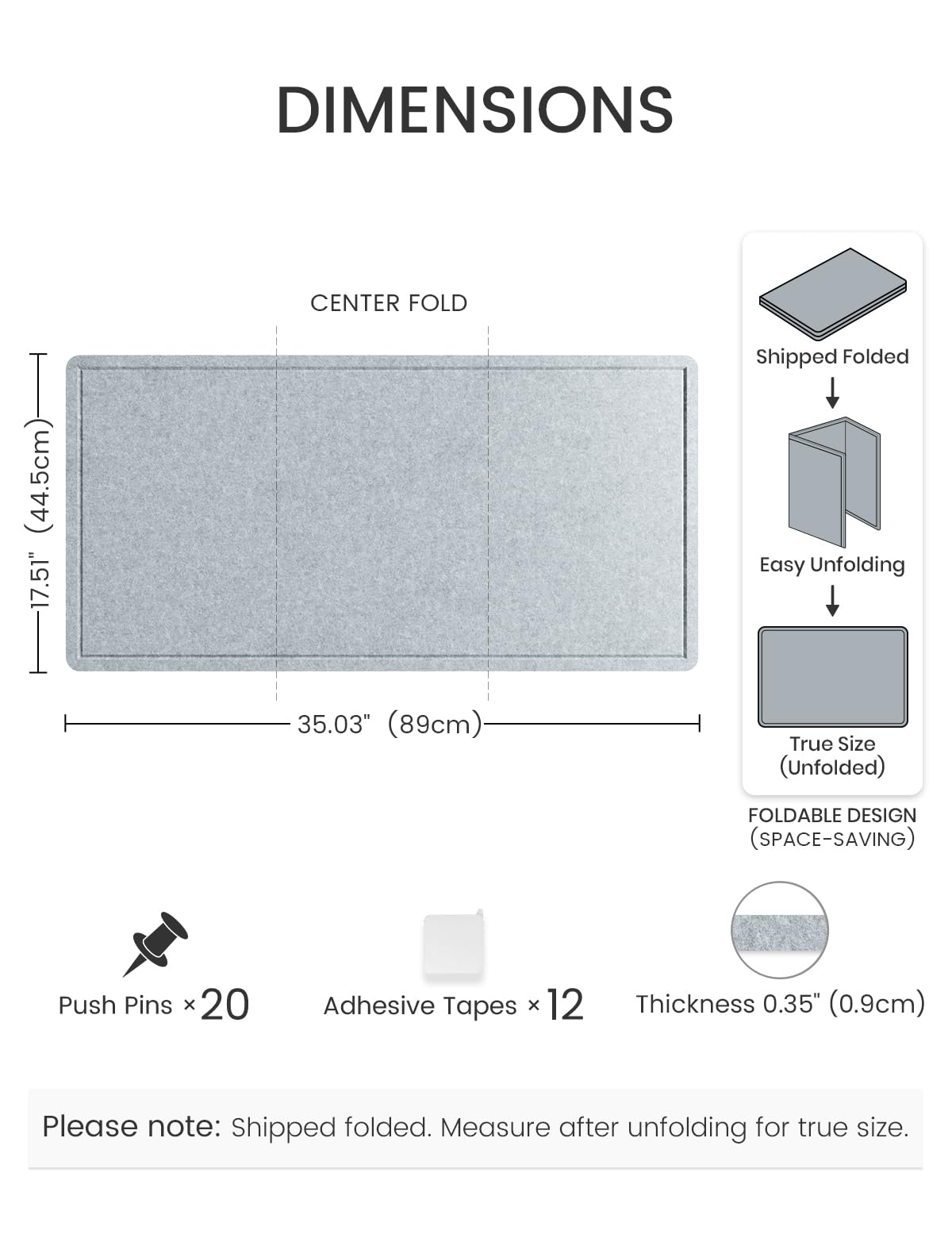 Fluxynara Bulletin Board, 35" x 17.5" Cork Board Alternative with 12 Safe Removable Adhesive Tabs, Foldable Felt Pin Board for Home Office, Classroom, Bedroom,Entryway for Walls—Blue Gray