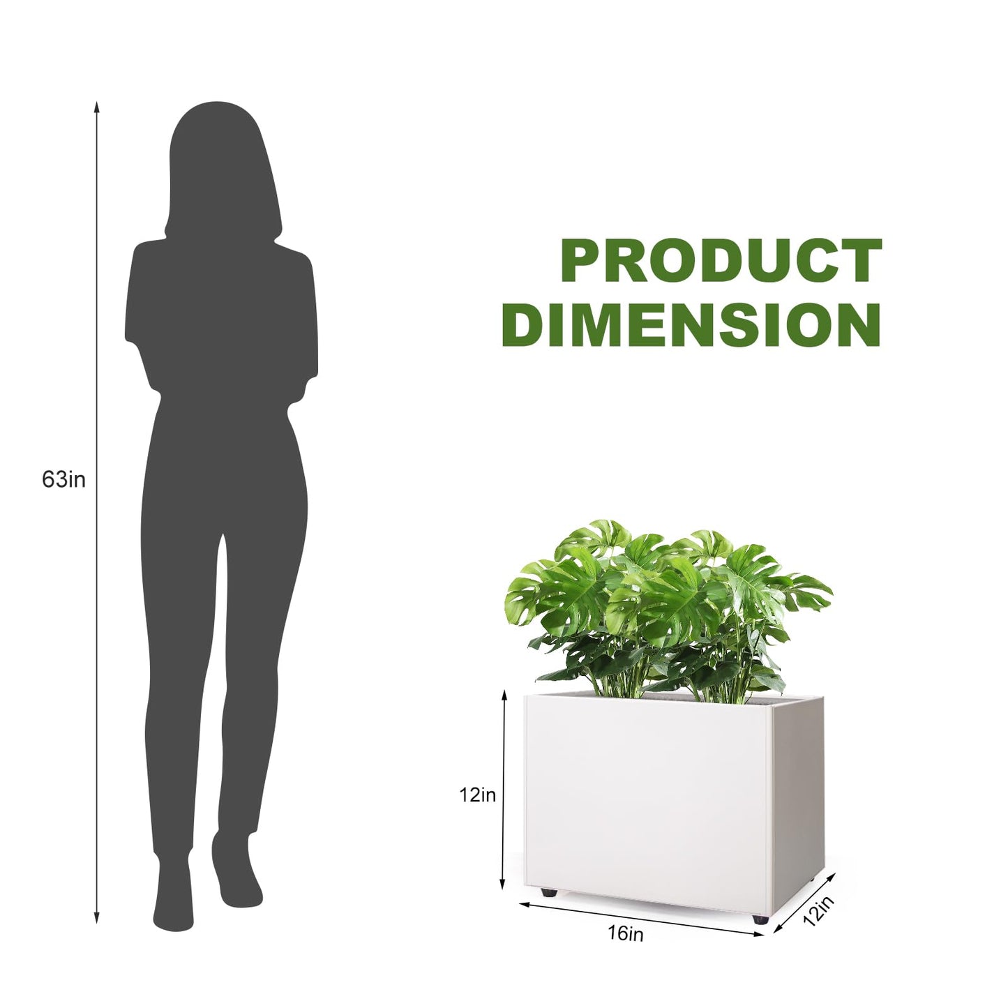Zezgeuro Planter Box Rectangular Block - 16×12×12IN Galvanized Steel Metal Long Box Planter Easy Installation Modern Outdoor Tall Planters All-Weather Use with Drainage Holes for Patio/Porch(White)