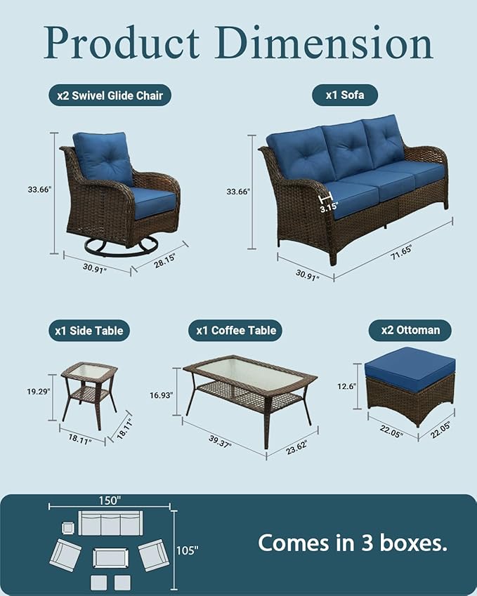 Patio Furniture Set, High Back Rattan Sofa & Swivel Rocker Chairs, Weather