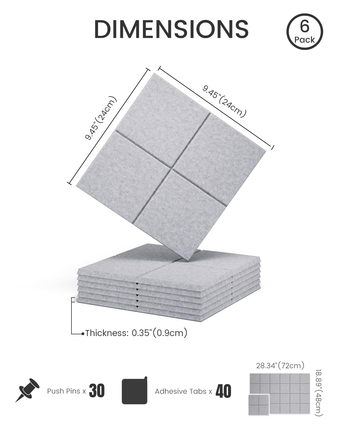 Felt Bulletin Board Tiles -28"x18" Cork Board Alternative for Office Decor, Push Pin Board Wall Organizer 6-Pack - Soft Gray