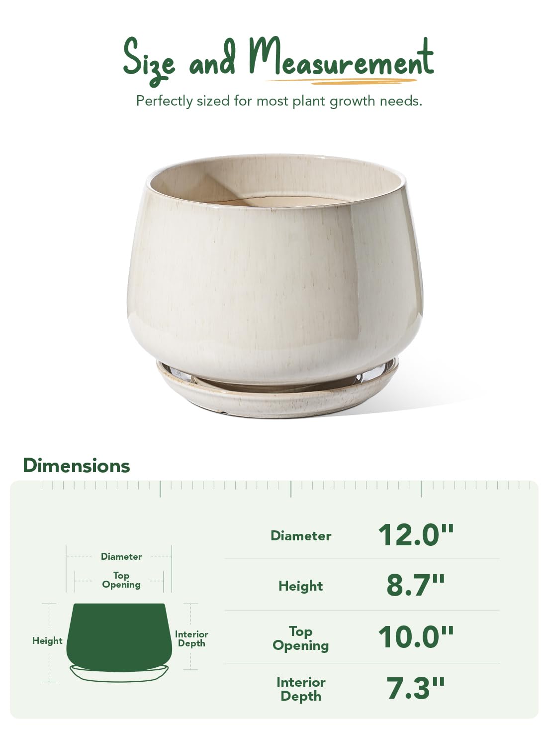 LE TAUCI 12 Inch Pots for Plants, Ceramic Planter with Drainage Hole & Saucer, Thick-Walled Ceramic, Planters for Indoor Plants, Ideal for Living Room & Entryway, Reactive Glaze Beige