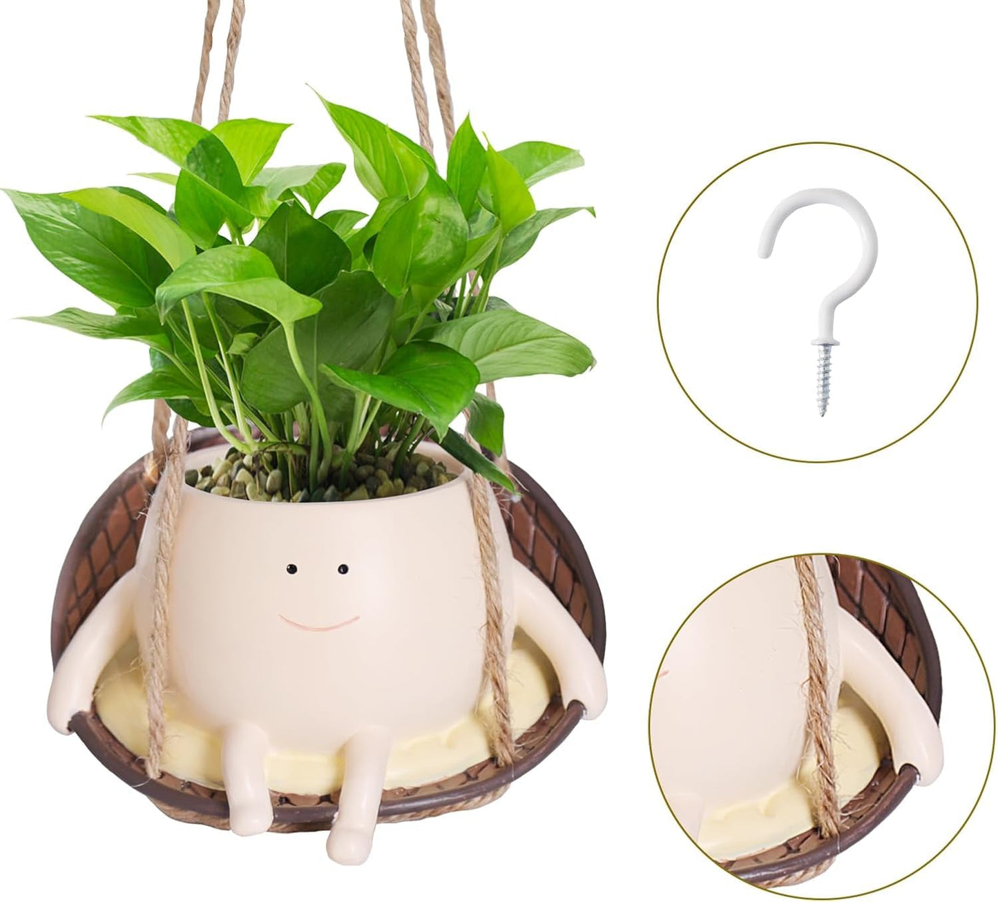 NINIPAPA Hanging Swing Chair Planter Pot Smile Face Plant Pot for Indoor Outdoor Plants Cute Head Flower Pots for Succulent String of Pearls Unique Gift on Mother's Day, Birthday, Christmas