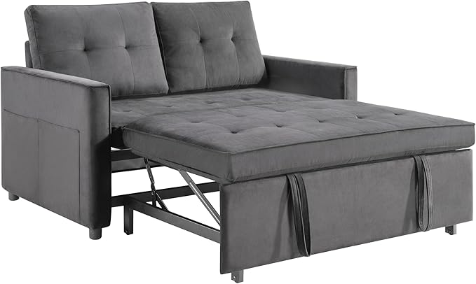 Sofa Bed, Pull Out Couch with Side Pockets, 3 in 1 Velvet Fabric Loveseat