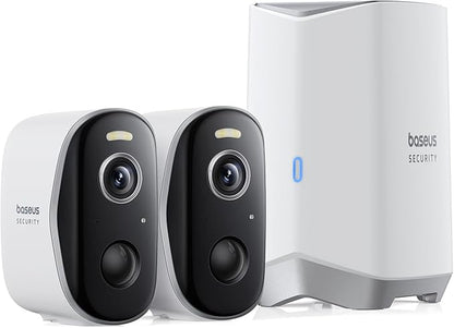 Baseus Security Cameras Wireless Outdoor, N1 2-Cam Kit with 2K Clarity, No Monthly Fee, 16TB Expandable Local Storage, 210-Day Battery Life, Spotlight & Alarm, Works with Alexa/Google Home, Light Grey