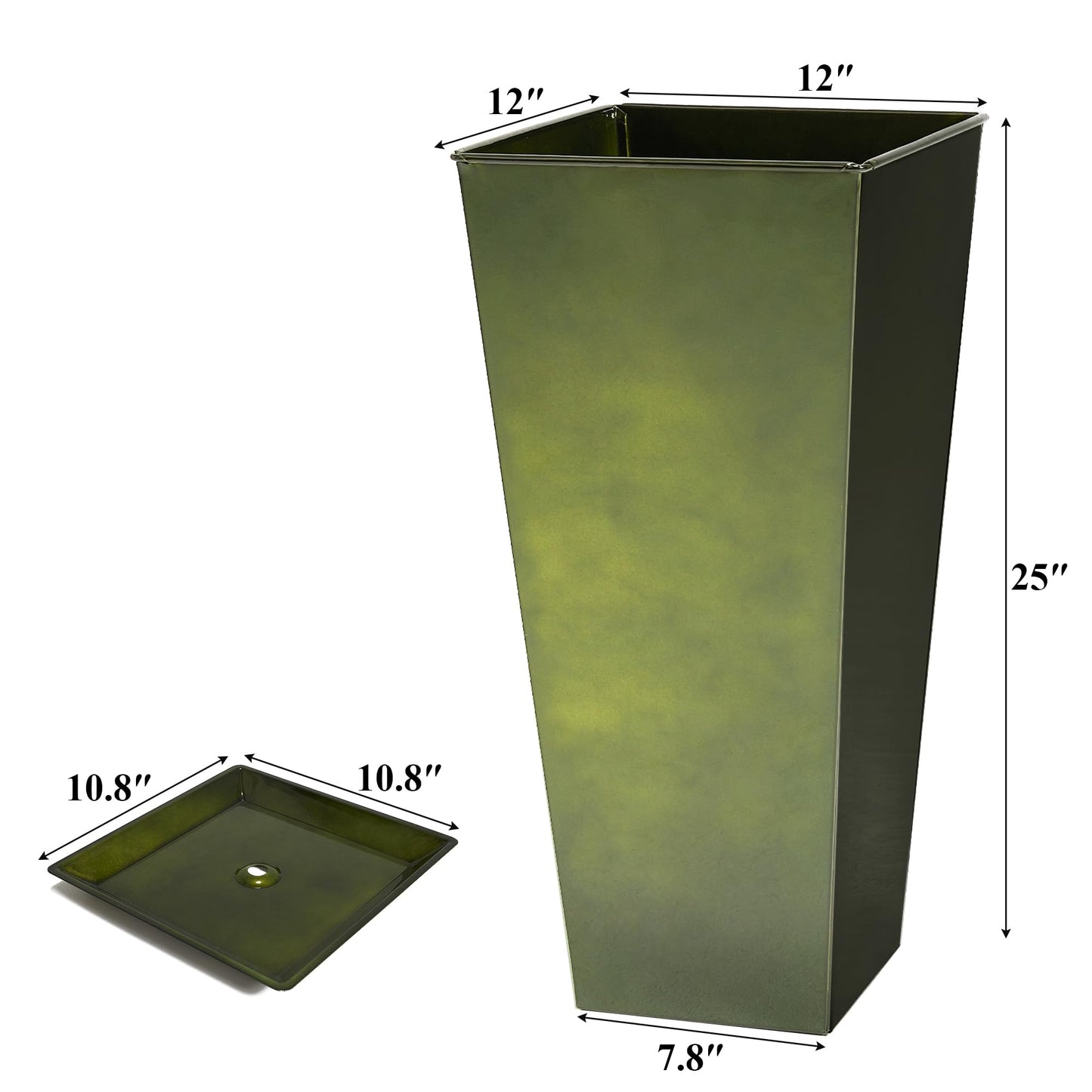 Worth Garden 25" Large Metal Glazed Planter Set of 2, Luxurious Glossy Finish Green Tall Square Tapered Steel Plant Pots, Decor Flower Pot Indoor & Outdoor, Drainage Hole & Dual-Purpose Plant Saucer