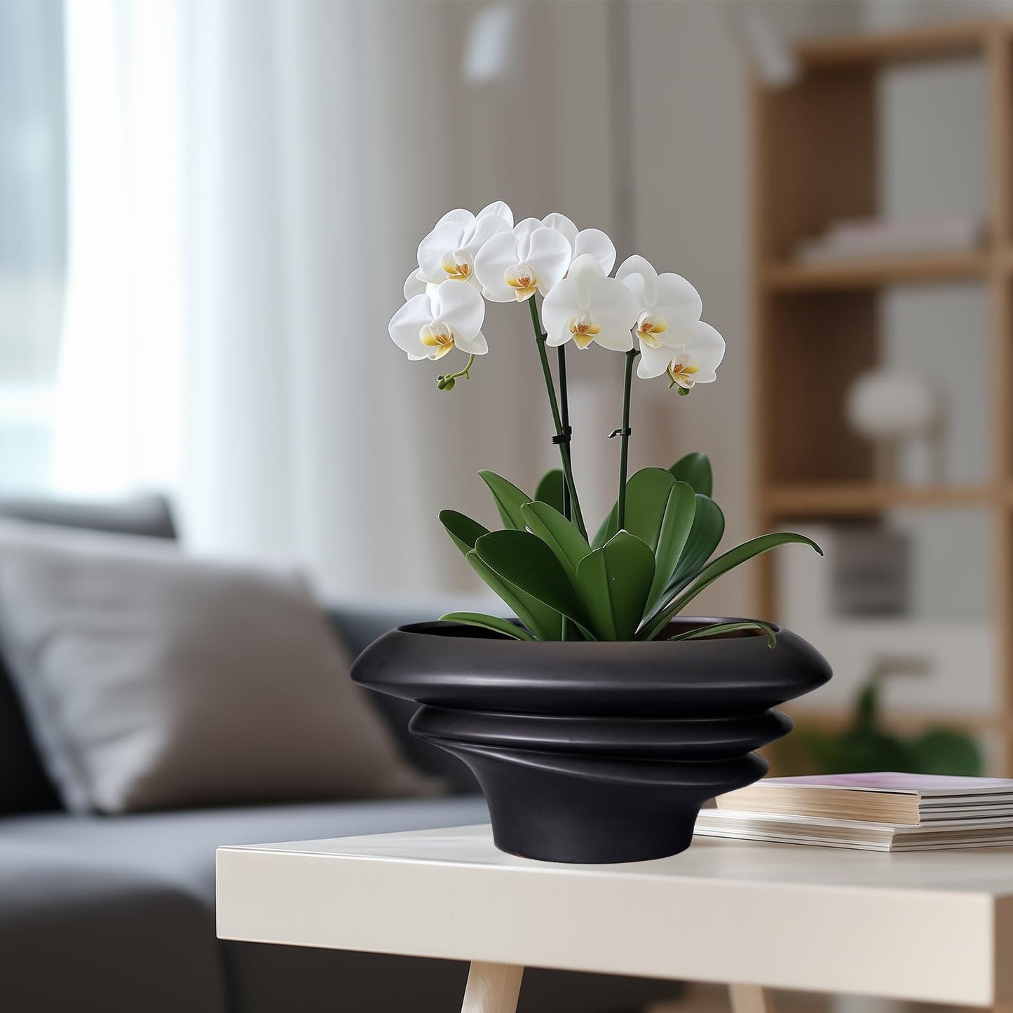 SQOWL Bonsai Pot 10 Inch - Ceramic Succulent Planter with Drainage Hole Large Plant Pot for Indoor Plants Outdoor Modern Home Decor Black