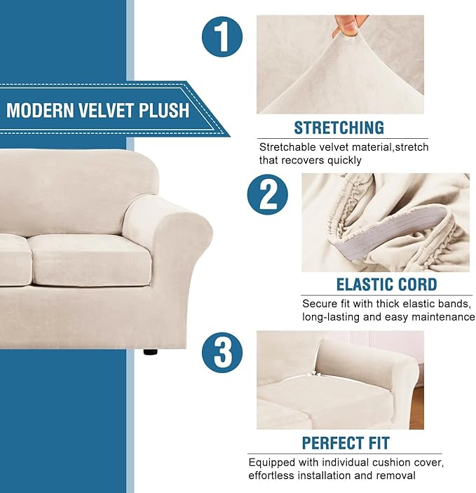 H.VERSAILTEX Modern Velvet Plush 4 Piece High Stretch Sofa Slipcover Sofa Cover