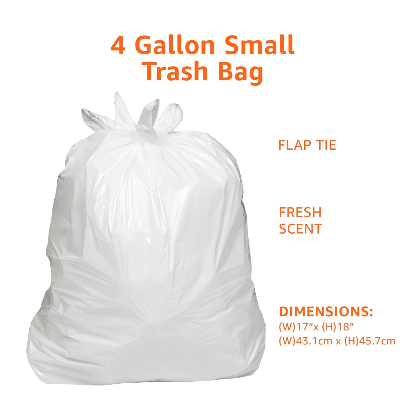 Amazon Basics Small 4 Gallon Trash Bags with Flap Ties, Fresh Scent, Odor Control, 0.5 mil Thick, 80 Count