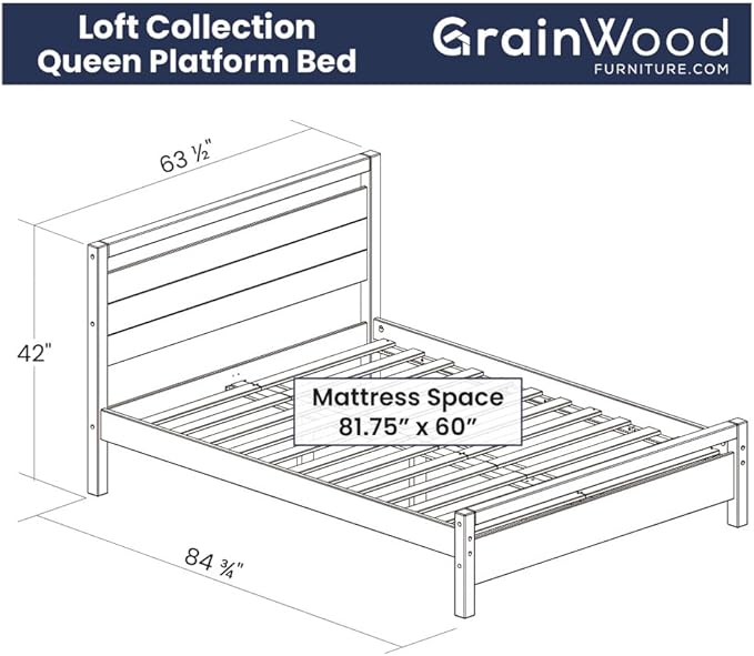 Grain Wood Furniture Loft Queen Size Solid Wood Bed, Brushed Mocha