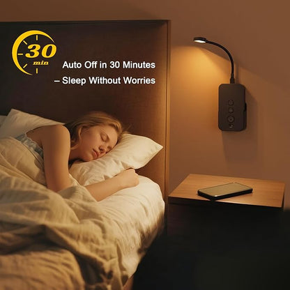 Ellasay Wall Mounted Reading Light: Dimmable LED Night Lights with Timer & Memory - Adjustable Gooseneck USB Powered - Easy Install for Kids Bedroom/Dorm Room/RV 2 Pack (Black)