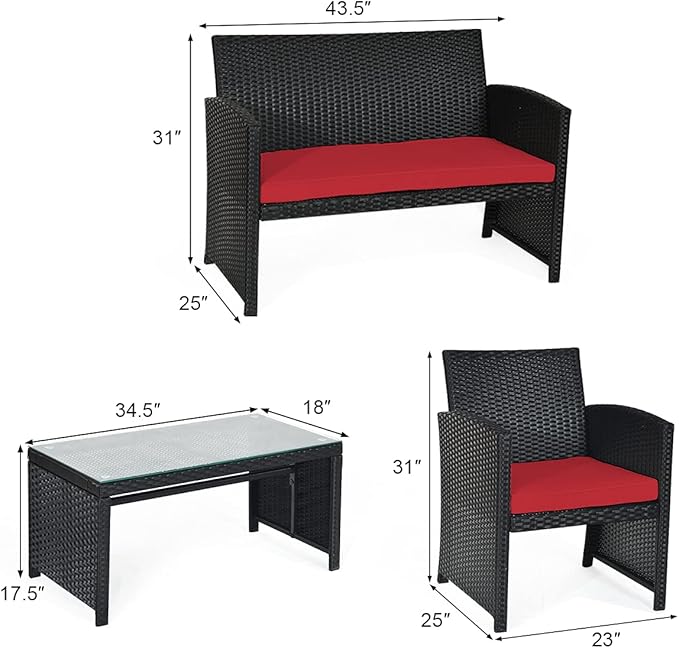 Tangkula Patio Wicker Conversation Furniture Set, Patiojoy Sofa & Table Set w/4
