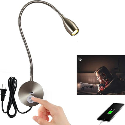 LED Wall Reading Light with USB Charging Port, Dimmable Gooseneck Bedside Lamp, Flexible Arm, 3W, (Nickel, 120V Plug in, Warm White)