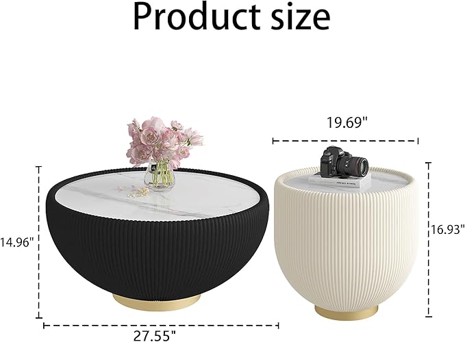 Round Marble Coffee Table Set of 2, 2 Piece Coffee Table and End Table