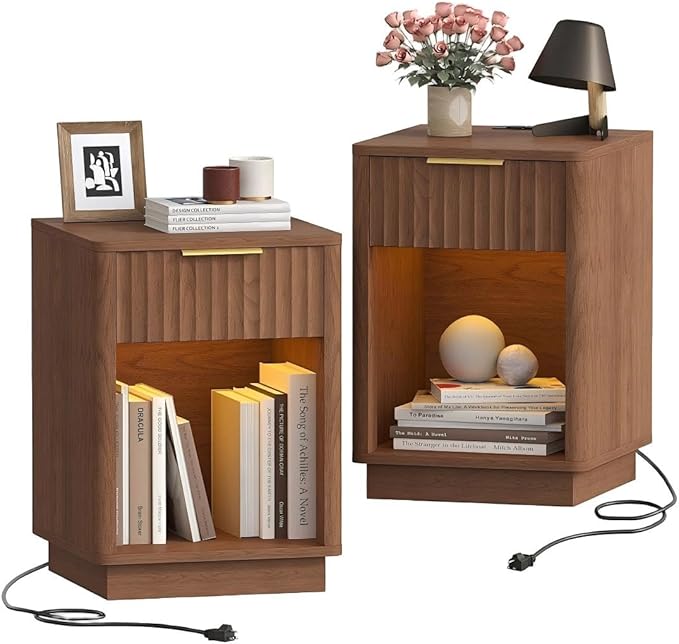Akxomel Fluted Nightstands Set of 2, Wooden Night Stand