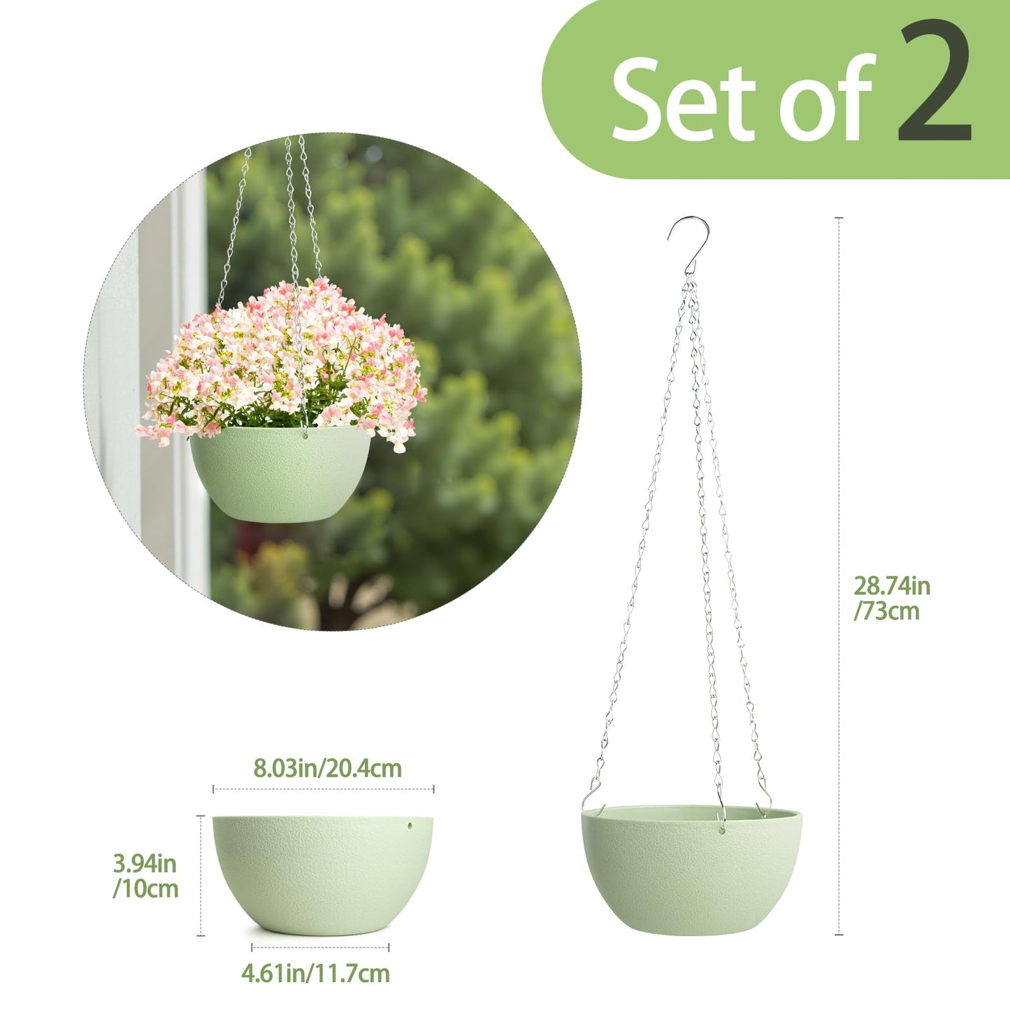 XXXFLOWER Hanging Planters 2 Pack Hanging Baskets Plastic Flower Pot with Drainage Hole & Chain & Hook,Hanging Flower Baskets for Indoor and Outdoor Plants,Home Wall Boho Decor（Green）