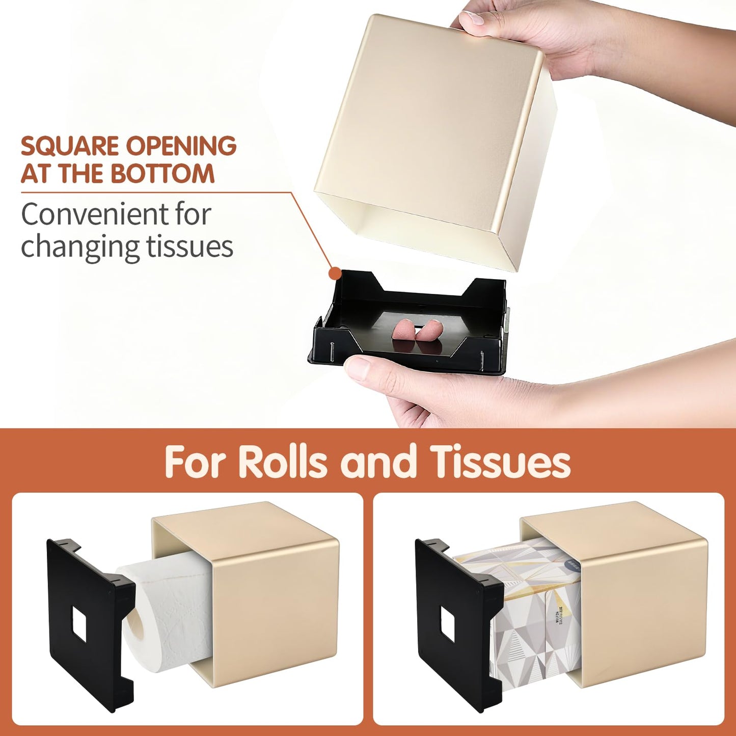 Y-in Hand Tissue Box Cover, Decorative Square Facial Storage Tissue Box Holder, Home Accessories for Bathroom Vanity Countertops, Dressers, Night Stand, Parlors and Office - Champagne Gold