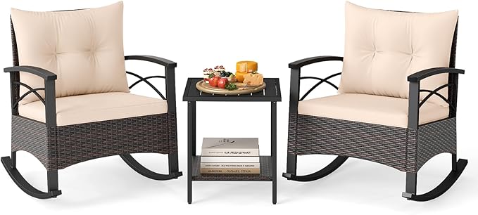 Tangkula 3 Pieces Outdoor Rocking Chairs Set, Rattan Heavy Duty Cushioned