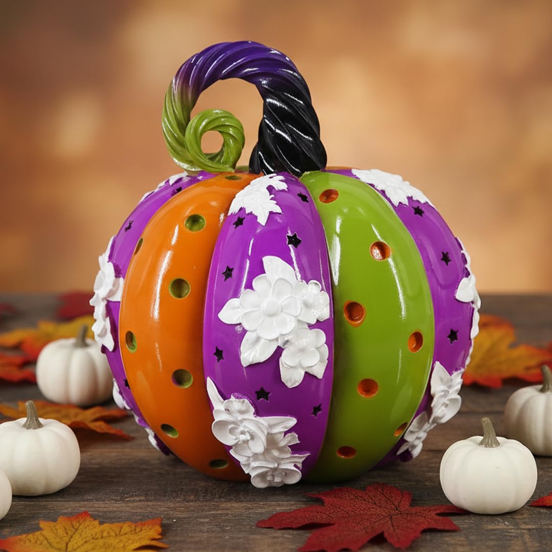 SEAKINGDOM YHH Premium Handmade Pumpkin Statue - 7 Inch Fall Harvest Decor, Resin Sculpture for Thanksgiving Centerpiece, Halloween Tabletop, Mantel & Bookshelf Display (Purple, Green, and Yellow)