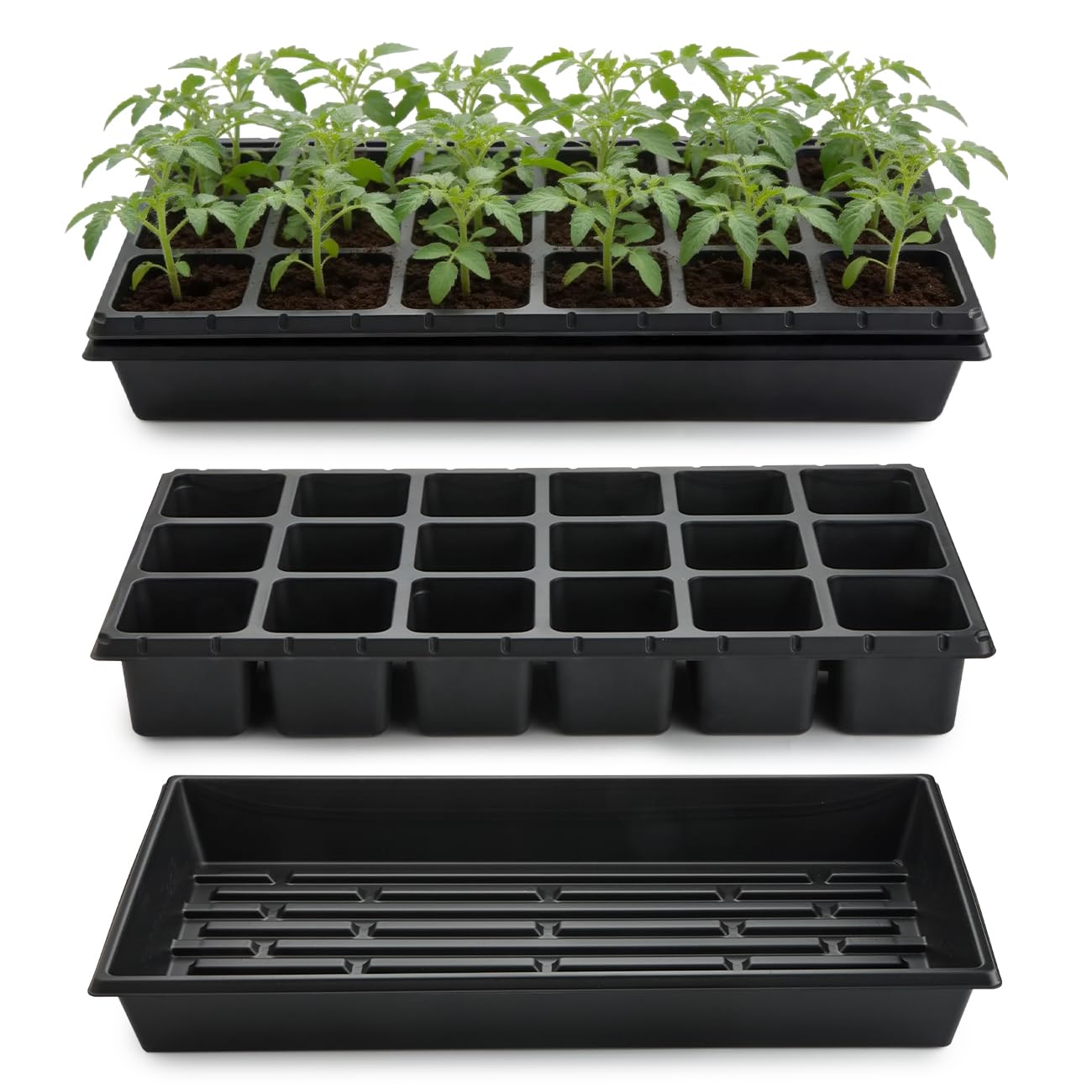 RooTrimmer 3 Inch Square Pots 2.9" Deep 18 Cell Seedling Trays with Water Collection Nursery 1020 Trays No Holes for Seeds Starting and Transplanting (20"x10",10 Sets)