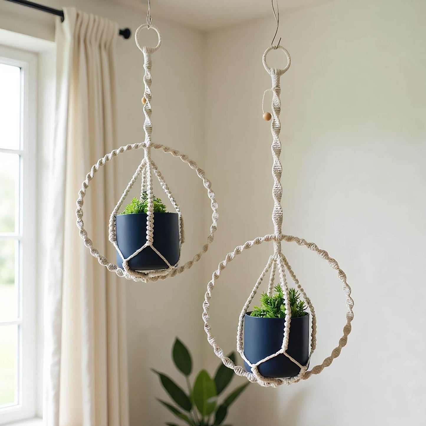 Macravine 2-Pack Plant Hanger with, Handcraft Planter Holder, Boho Chic Handmade Pot Holder for Home/Window Decoration, 2 Sizes 11.8"*23.6", 11.8" *31.5", Beige (No Pot and Plant Included)