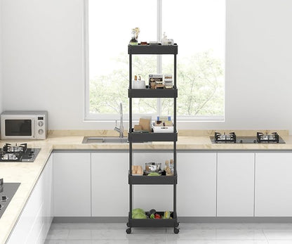 Sooyee 5-Tier Plastic Rolling Utility Cart with Wheels, Multi-Functional Storage Trolley for Office, Living Room, Kitchen, Movable Storage Organizer, Black