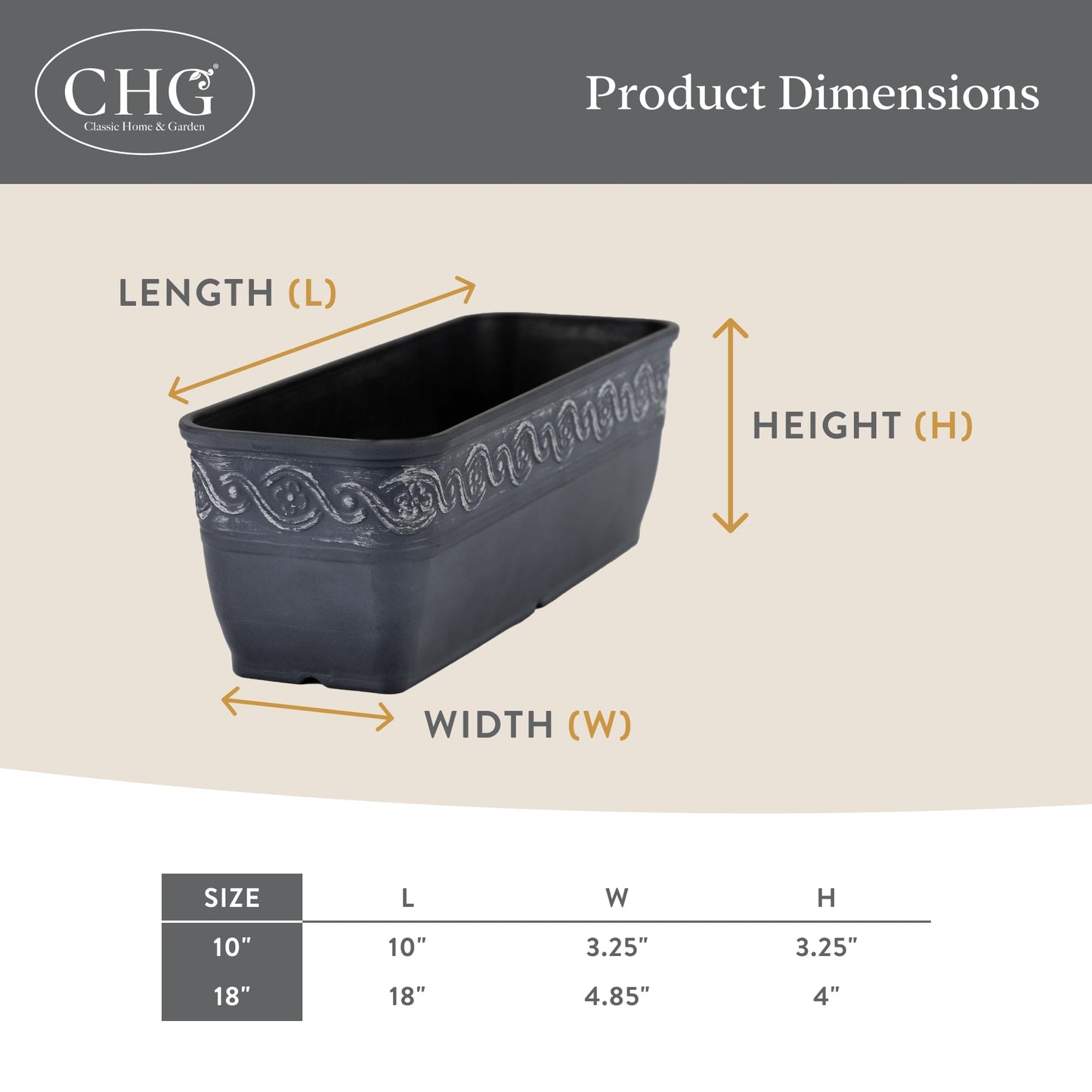Classic Home and Garden Corinthian Rectangular Planter Box w/Drain Plug - Small Succulent Pots - Shallow Trough Planter for Indoor/Outdoor (10” Storm Gray, Pack of 1)