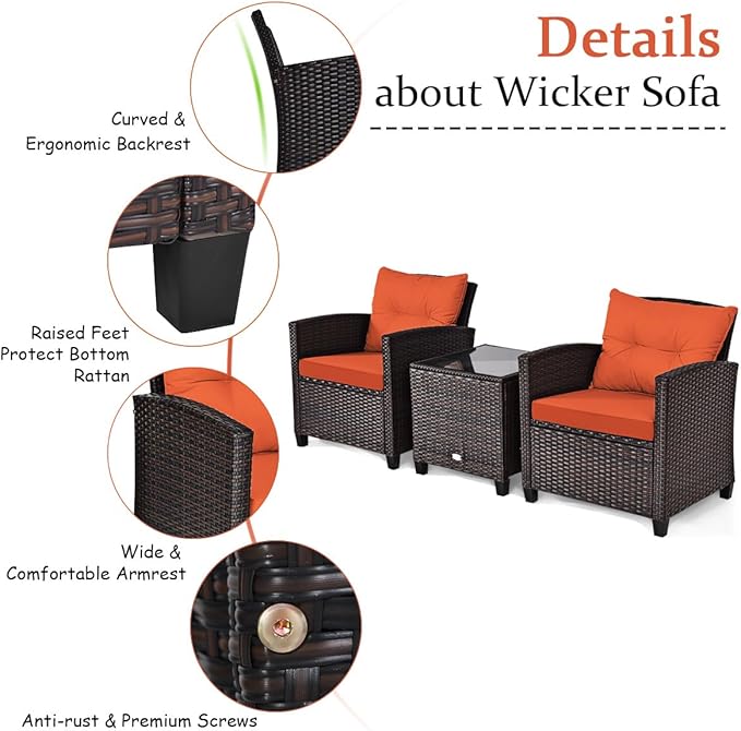 COSTWAY 3PCS Patio Furniture Set, PE Rattan Wicker Sofa w/Washable Cushion and