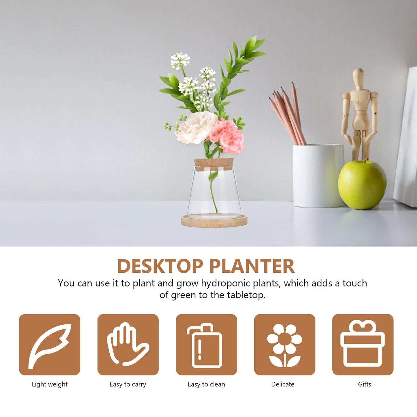 Ipetboom Hydroponic Glass Vase with Wooden Base and Brush, Ecological Bottle for Office Plant Propagation and Gardening Display, Glass Planter Terrarium for Indoor Home Décor