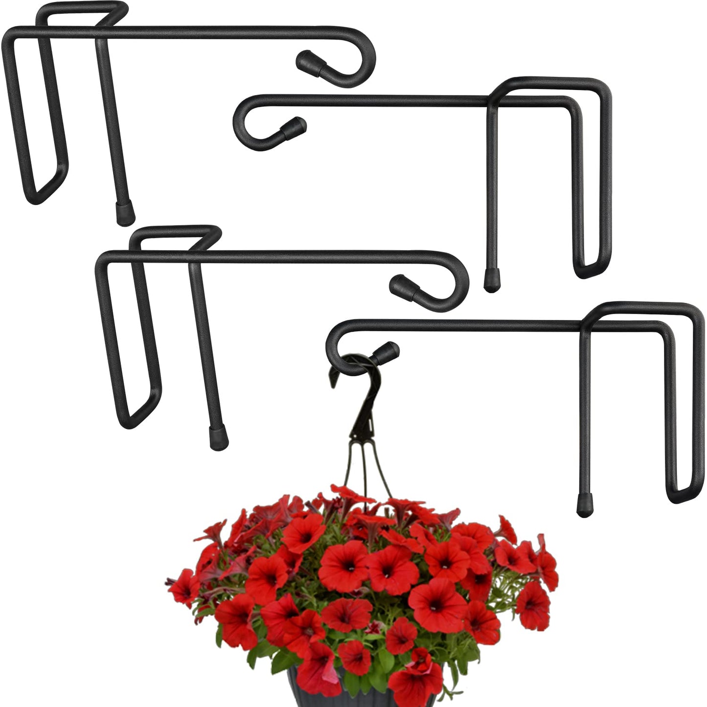 Vinazone Vinyl Fence Hooks for Hanging, Heavy Duty Patio Hangers, Outdoor Fence Hangers for Hanging Flower Baskets, Wind Chimes, Planters, Bird Feeders, Lights, Lanterns - 4 Pack - Black Color