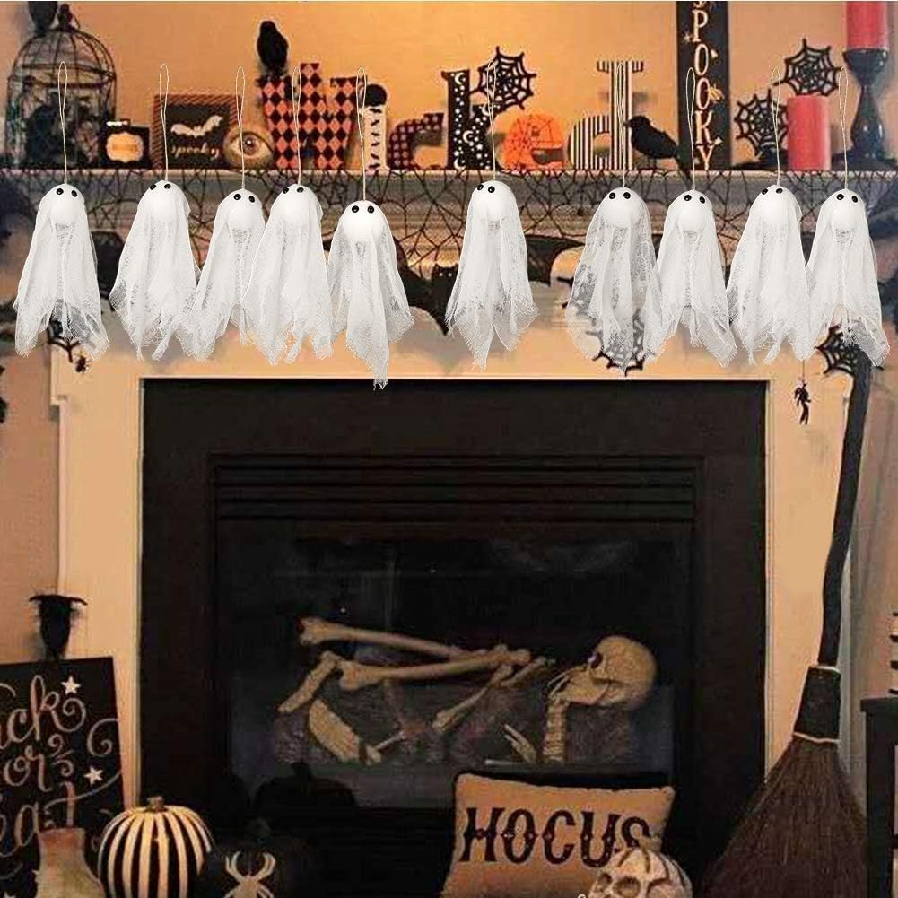 Decor365 Small Hanging Ghosts with White Creep Cloth and Black Eyes Summerween Party Decorations Classroom Living Room Outdoor Halloween Decorations Spooky Scary Ghost To Hang from Trees (Pack Of 12)