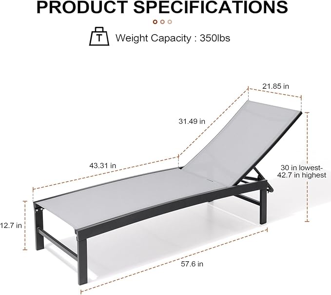 Crestlive Products Chaise Lounge Chair Outdoor Set of 2, Adjustable 5 Positions