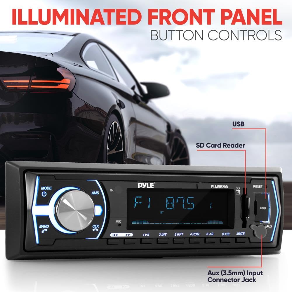 Pyle Marine Bluetooth Stereo Radio - 12v Single DIN Style Boat In dash Radio Receiver System with Built-in Mic, Digital LCD, RCA, MP3, USB, SD, AM FM Radio - Remote Control - PLMRB29B (Black)