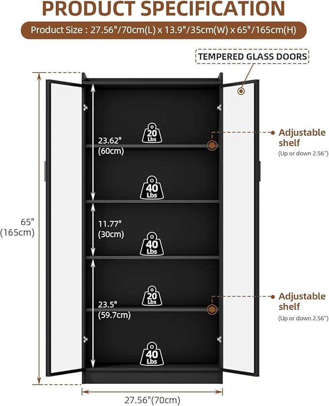 Dystler Display Cabinet with Glass Doors and Shelves, 5 Tier Display Case