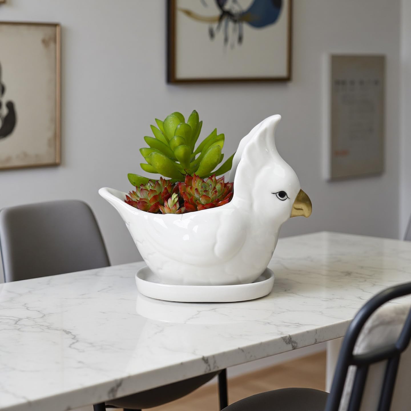 YANGMEI Ceramic Bird Planter Pot with Saucer, Drainage Hole Design, Cute Animal Succulent Pot for Indoor/Outdoor, Great Gift for Plant Lovers, Home Garden & Office Décor（White）