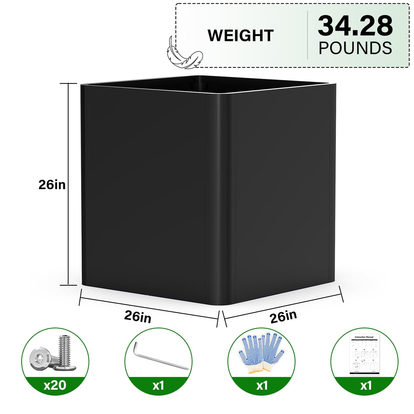 BHCORTEN Large Metal Square Planter 26" L x 26" W x 26" H, Heavy Duty Black Large Outdoor Planters with Drainage Hole for Porch/Patio/Garden